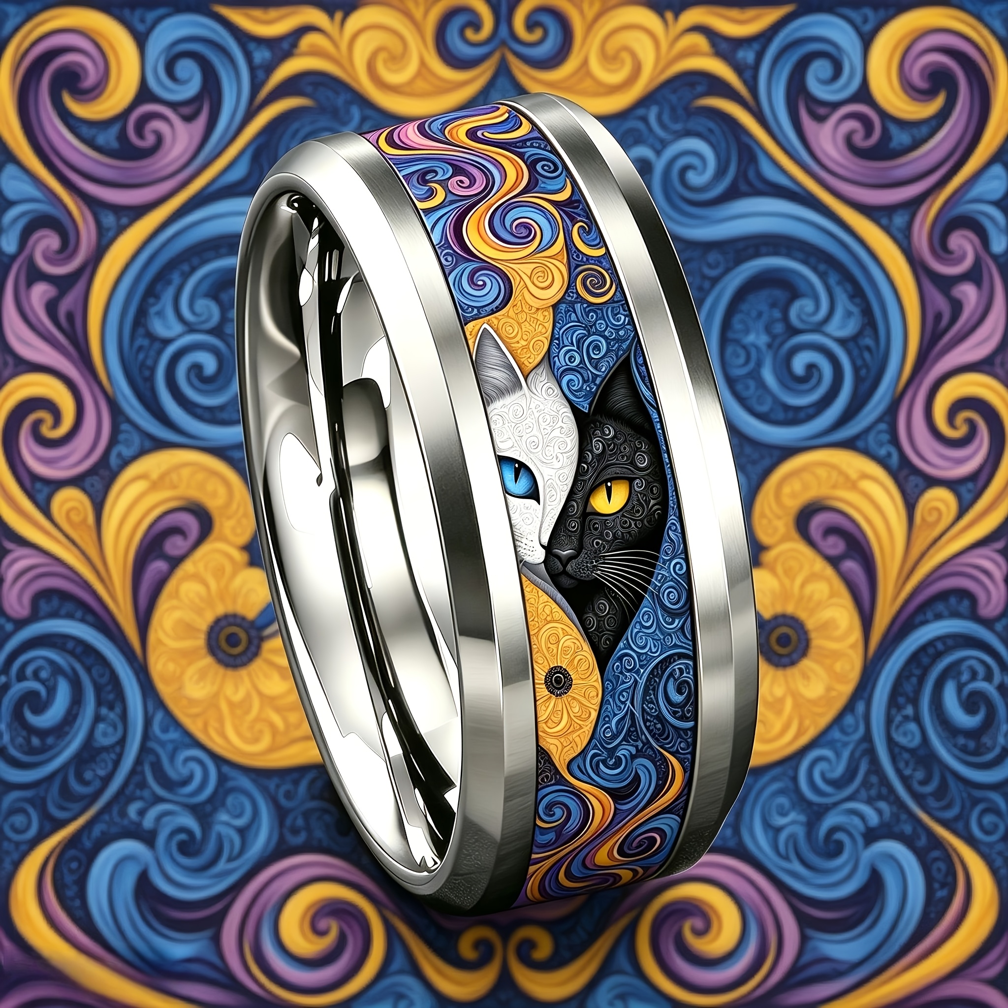 Blue Purple Golden Vortex Yin Yang Stainless Steel Ring